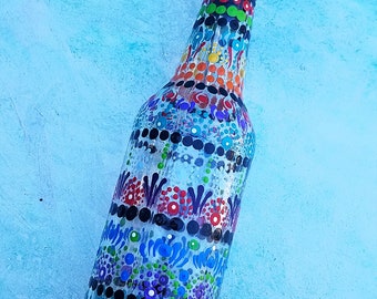 Dish Soap Dispenser, Clear Glass Bottle, Painted Glass, Oil and Vinegar Bottle, Dot Art, Colorful Mandala Art, Dot Design, Mandala Art