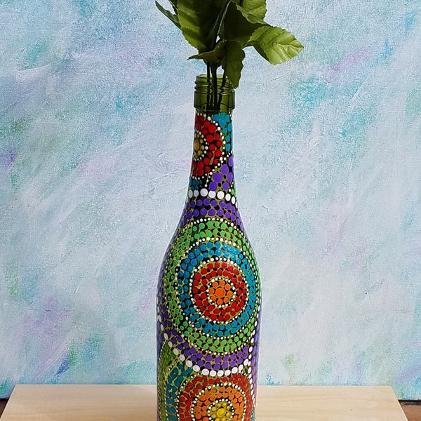 Mandala Vase, Wine Bottle Vase, Dotted Vase, Painted Wine Bottle, Table Decoration, Purple, Orange, Teal, Painted Glass