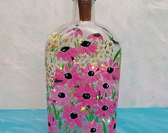 Bottle Light, Night Light, Hand Painted Glass Bottle, Pink Flowers, Tiny White Flowers, LED Cork Light, Table Light, Painted Glass Art