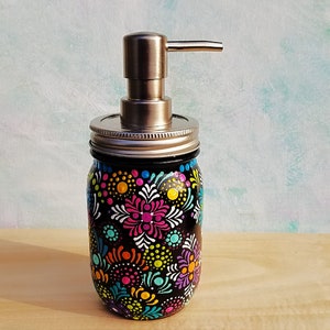 Mason Jar Pump Soap Dispenser, Pump Lotion Dispenser, Hand Painted, Black Background, Mandala Art, Dot Art, Bright, Colorful