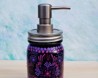 Mason Jar Pump Soap Dispenser, Pump Lotion Dispenser, Hand Painted, Black Background, Mandala Art, Dot Art, Lavendar, Violet, Pink, Berry