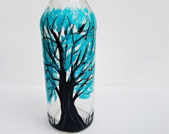 Dish Soap Dispenser, Recycled Clear Beer Bottle, Painted Glass, Oil and Vinegar Bottle, Black Tree with Aqua Leaves