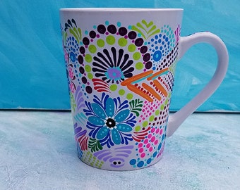 Hand Painted Coffee Cup, Dot Art, Abstract Coffee Cup, Colorful, 14oz Cup, White Cup, Funky Fun Painted Mug, Fun Coffee Cup