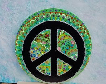 Door Sign or Wall Sign, 14 Inch Round Wood, Dot Painted with a Peace Sign in Center, Colorful, Mandala Art