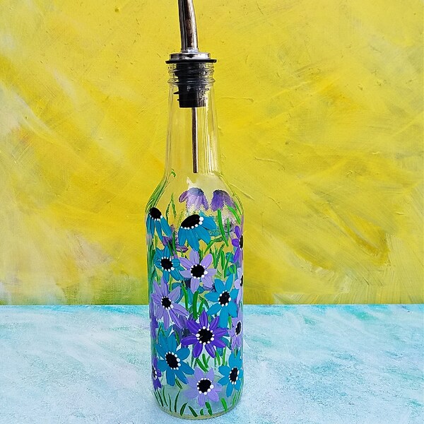 Dish Soap Dispenser, Oil and Vinegar Bottle, Recycled Clear Bottle, Painted Glass, Shades of Teal, and Purple Flowers