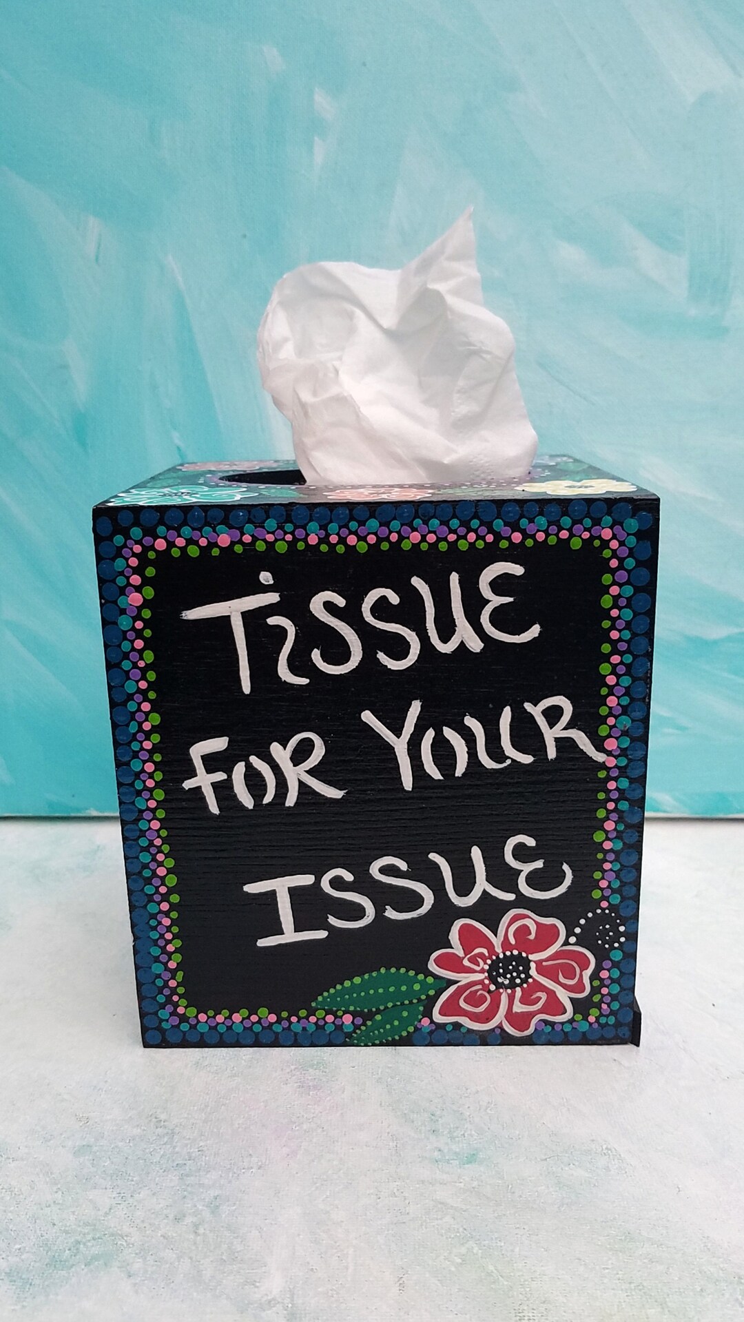 Hand Painted Tissue Box Holder, Black Tissue Holder, Fun Funky Colorful