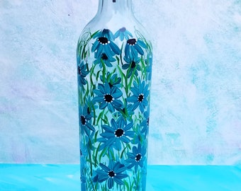 Hand Painted Dish Soap Dispenser, Clear Wine Bottle, Aqua Flowers, Wine Bottle Soap Bottle, Oil and Vinegar Bottle