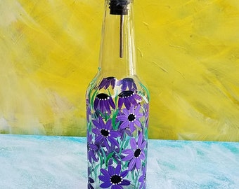 Dish Soap Dispenser,  Recycled Clear Bottle, Painted Glass, Oil and Vinegar Bottle, Shades of Purple Flowers, Bottle Dispenser