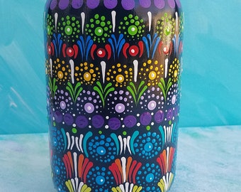 Mason Jar Bank, Hand Painted, Mandala Art, 32oz Glass Jar, Painted Black, Sealed, Slotted Bank Top, Base Painted Black, Colorful Dot Work