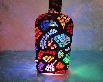 Mosaic Glass Bottle, Light, Colorful Mosaic Glass, Abstract Design, Cork Light, Black Grout, Table Light, Mosaic Art