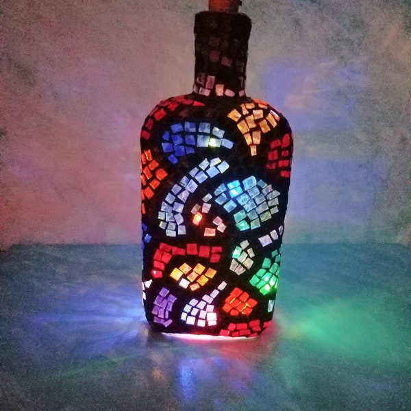 Mosaic Glass Bottle, Light, Colorful Mosaic Glass, Abstract Design, Cork Light, Black Grout, Table Light, Mosaic Art