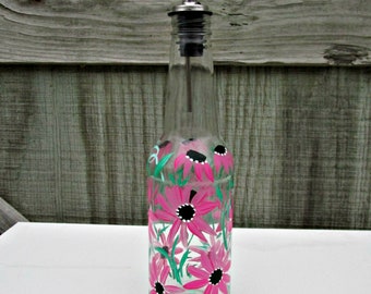 Dish Soap Dispenser,  Recycled Clear Beer Bottle, Painted Glass, Oil and Vinegar Bottle, Pink Flowers, Soap Bottle, Kitchen Decoration