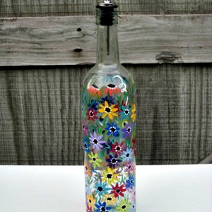 Hand Painted Dish Soap Dispenser, Clear Wine Bottle, Colorful Flowers, Wine Bottle Soap Bottle, Oil and Vinegar Bottle