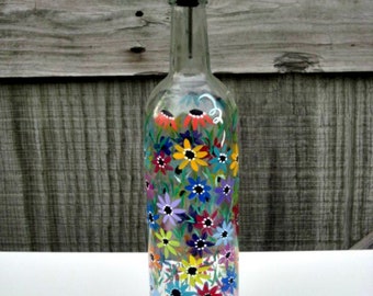 Hand Painted Dish Soap Dispenser, Clear Wine Bottle, Colorful Flowers, Wine Bottle Soap Bottle, Oil and Vinegar Bottle