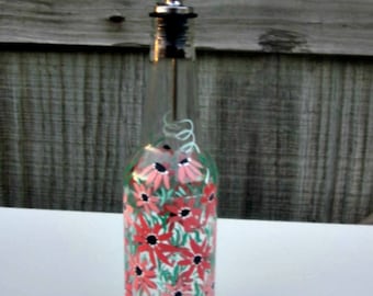 Oil and Vinegar Bottle, Dish Soap Dispenser,  Recycled Clear Beer Bottle, Painted Glass, Coral Colored Flowers