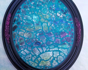 Mosaic Art, Acrylic Pour, Crash Glass, Tempered Glass, Upcycled Fame, Hanging Glass Art, Abstract Art, Unique Art, Grouted Teal