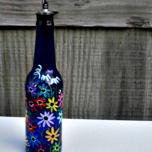 Hand Painted Floral Oil and Vinegar Bottle: Recycled Blue Glass Dispenser