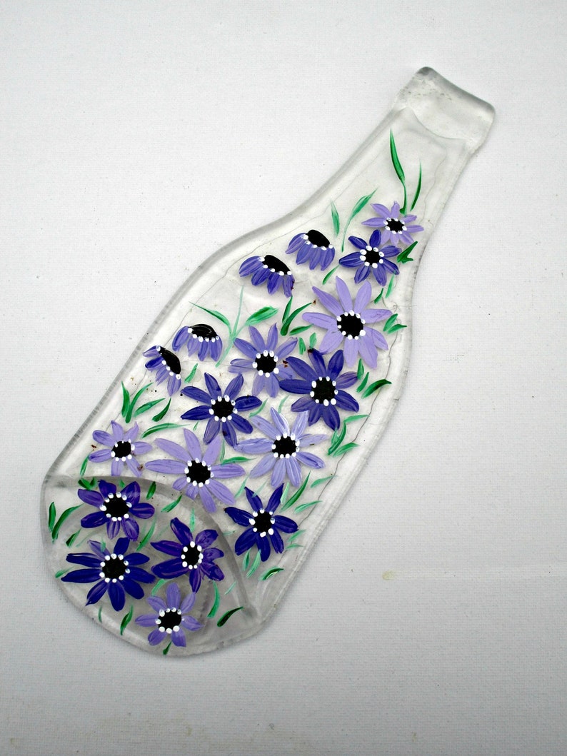 Kitchen Trivet Candle Holder Hand Painted Shades Of Purple Flowers Melted Clear Beer Bottle Spoon Rest adamslearn