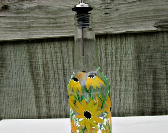 Oil and Vinegar Bottle, Dish Soap Dispenser,  Recycled Clear Beer Bottle, Painted Glass, Shades of Yellow Flowers