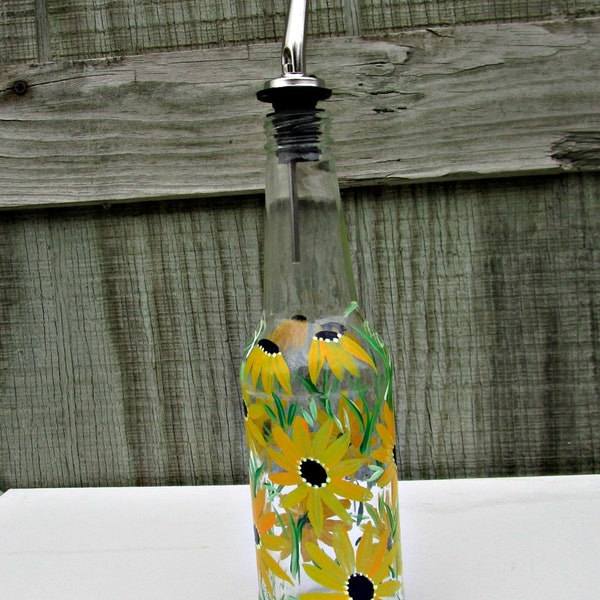 Oil and Vinegar Bottle, Dish Soap Dispenser,  Recycled Clear Beer Bottle, Painted Glass, Shades of Yellow Flowers