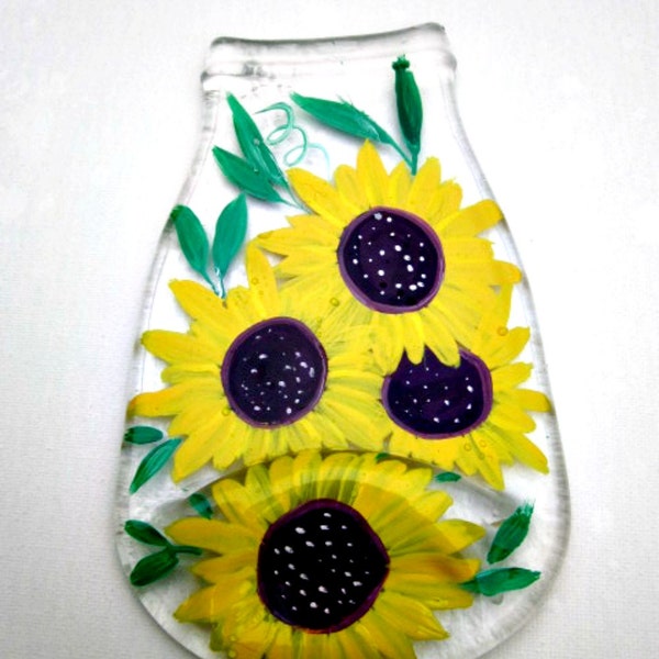 Spoon Rest, Kitchen Trivet,  Melted Clear Bottle,  Hand Painted Sunflowers,  Candle Holder