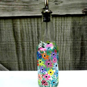 Dish Soap Dispenser,  Recycled Clear Beer Bottle, Painted Glass, Oil and Vinegar Bottle, Colorful Flowers, Soap Bottle, Kitchen Decoration
