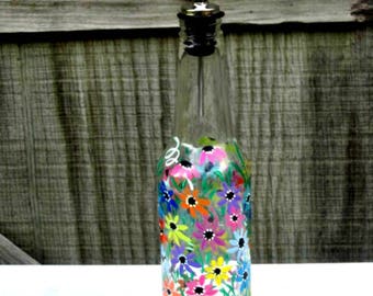 Dish Soap Dispenser,  Recycled Clear Beer Bottle, Painted Glass, Oil and Vinegar Bottle, Colorful Flowers, Soap Bottle, Kitchen Decoration