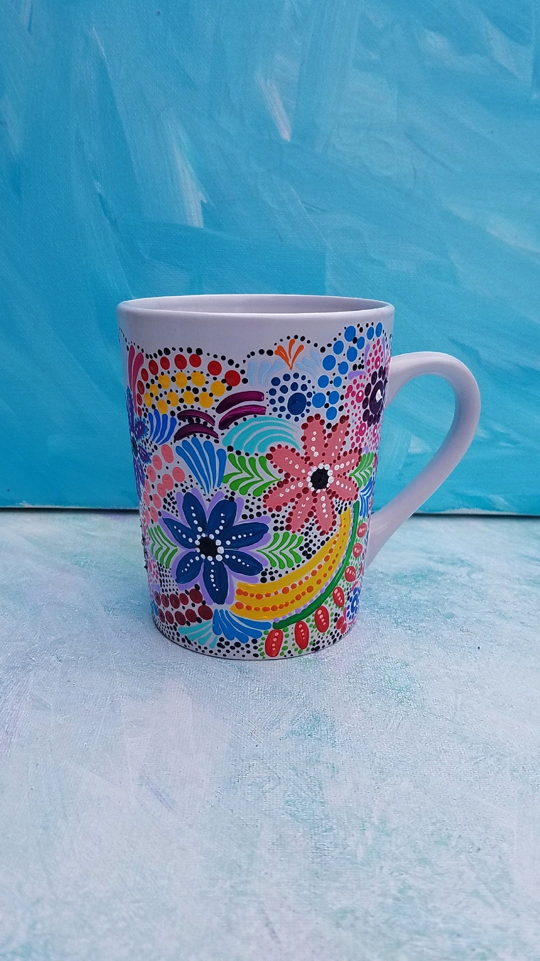 Hand Painted Coffee Mug, Dot Art, Abstract Coffee Cup, Colorful, 14oz Cup, White Cup, Funky