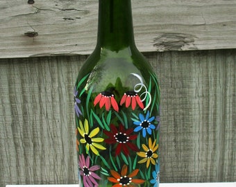 Hand Painted Dish Soap Dispenser, Green Wine Bottle, Colorful Flowers, Wine Bottle Soap Bottle, Oil and Vinegar Bottle, Painted Glass