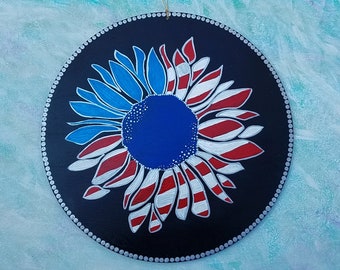 Reversible Door Sign, 14 Inch, Mandala Art with Flowers on one Side, Large Flower, Red, White, Blue on other side, Dot Art