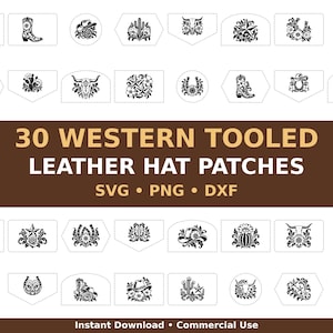 Puede incluir: Una colección de 30 parches de cuero estilo western en blanco y negro para sombreros, con formas variadas y diseños de flores, cactus, botas de vaquero, herraduras y calaveras. El texto dice 30 WESTERN TOOLED LEATHER HAT PATCHES SVG PNG DXF.