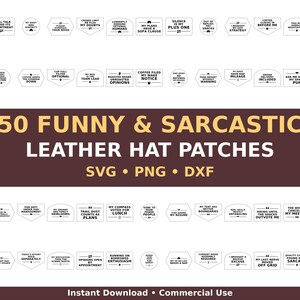 Lot de 50 patchs de chapeau humoristiques et sarcastiques au format SVG, blagues originales de papas introvertis sur le café et les activités de plein air, fichiers laser pour cuir (PNG et DXF).