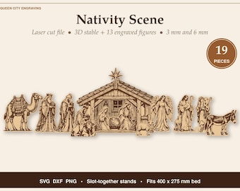 May include: A laser cut file for a 19-piece Nativity scene featuring a 3D stable and 13 engraved figures. The text reads Queen City Engraving, Nativity Scene, 3D stable + 13 engraved figures, 3 mm and 6 mm, 19 pieces, SVG DXF PNG, Slot-together stands, Fits 400 x 275 mm bed.