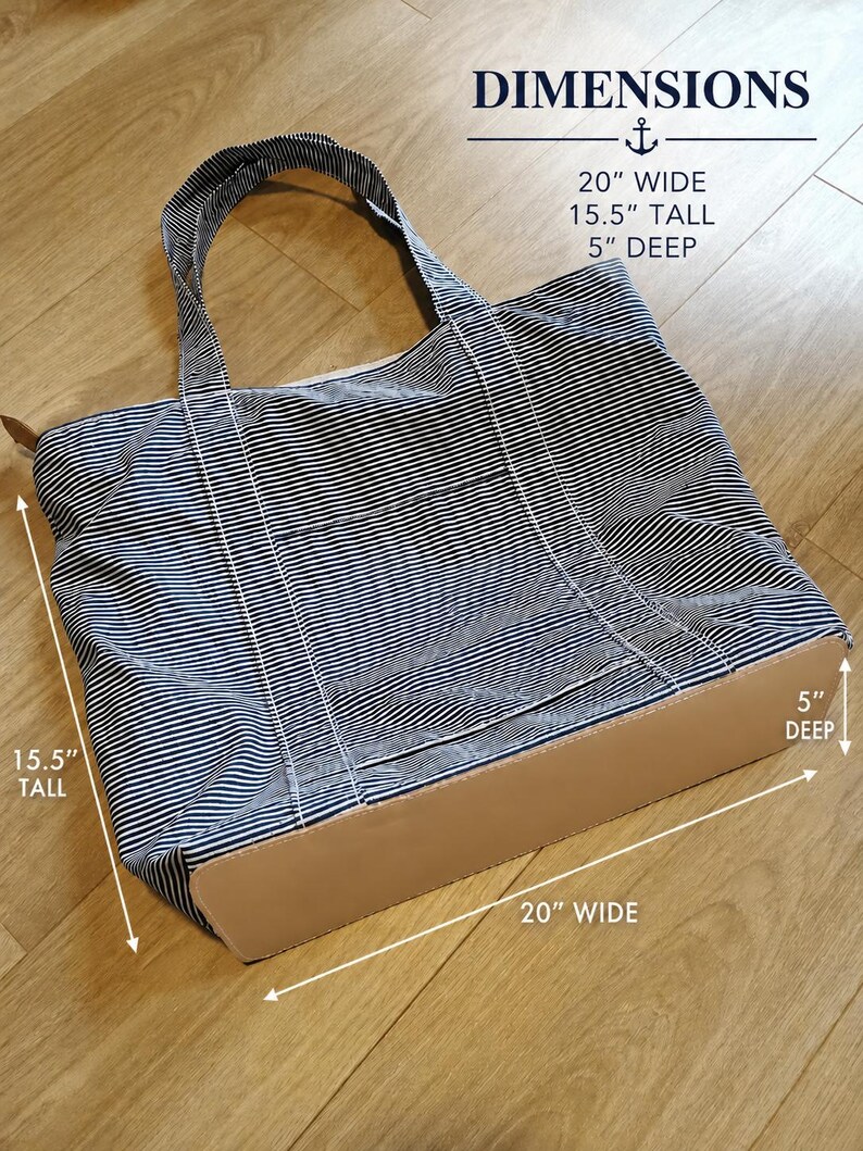 May include: A striped tote bag with a light brown base and handles. The bag is 20 inches wide, 15.5 inches tall, and 5 inches deep. The bag has a blue and white striped pattern and the word "DIMENSIONS" is at the top.