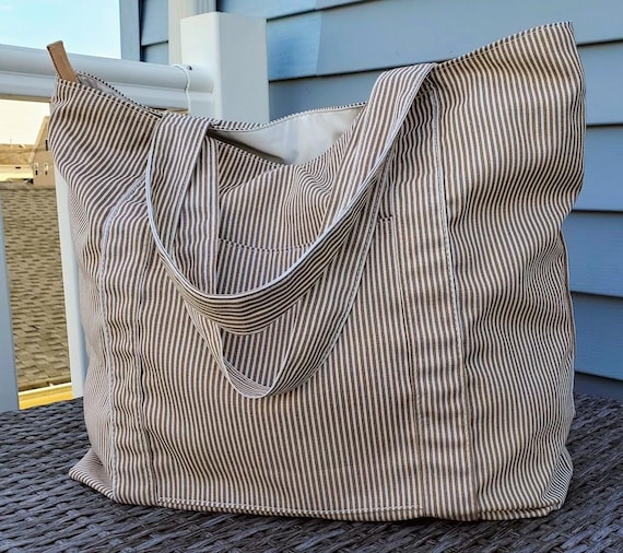 Handmade Coastal Tote Bag with Zipper and Pockets | Striped Nautical Beach Carryall