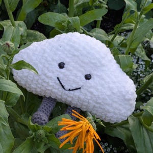 May include: A white, plush cloud-shaped crochet toy with black eyes and a smiling mouth. The toy has gray legs and is surrounded by green foliage and an orange flower. Text in the upper right corner reads "PDF Pattern Only."
