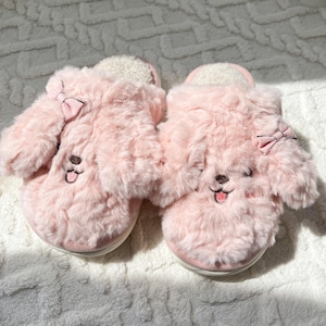 Cute Fluffy Comfy Happy Face Women's Slippers, Warm And Cozy Winter Home Slipper, Gift For Her, Handmade Christmas Gift, Embroidery Craft
