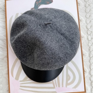 French Vintage Wool Beret with Leather Brim - Winter Hat