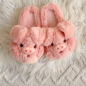 Pantuflas mullidas con dibujos de cerditos rosas, cálidas zapatillas de interior para el hogar, pantuflas de animales, divertido regalo familiar de Navidad, pantuflas de mujer