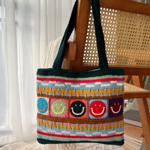 Handgemachte häkeln Boho Boho Tragetasche, bunte Smiley Grün Geldbörse, große Baumwolle Tragetasche, Retro-Stil, Geschenk für Sie