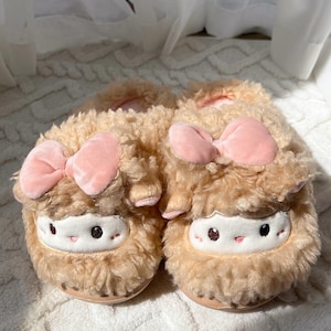 Women Cute Pink Bow Fuzzy Slippers, Cozy Winter Plush House Slippers, Girl Fluffy Warm bunny Slippers, Gift For Her, Christmas Gift