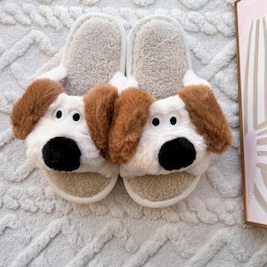 Cute Dog Cartoon Open Toe Fluffy Home Slippers, Funny Terrier Winter Shoes, Gift for Her, Women&#39;s Slippers