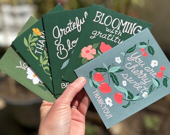 Juego de tarjetas de agradecimiento botánicas: Tarjetas con ilustraciones florales vintage (paquete de 5)