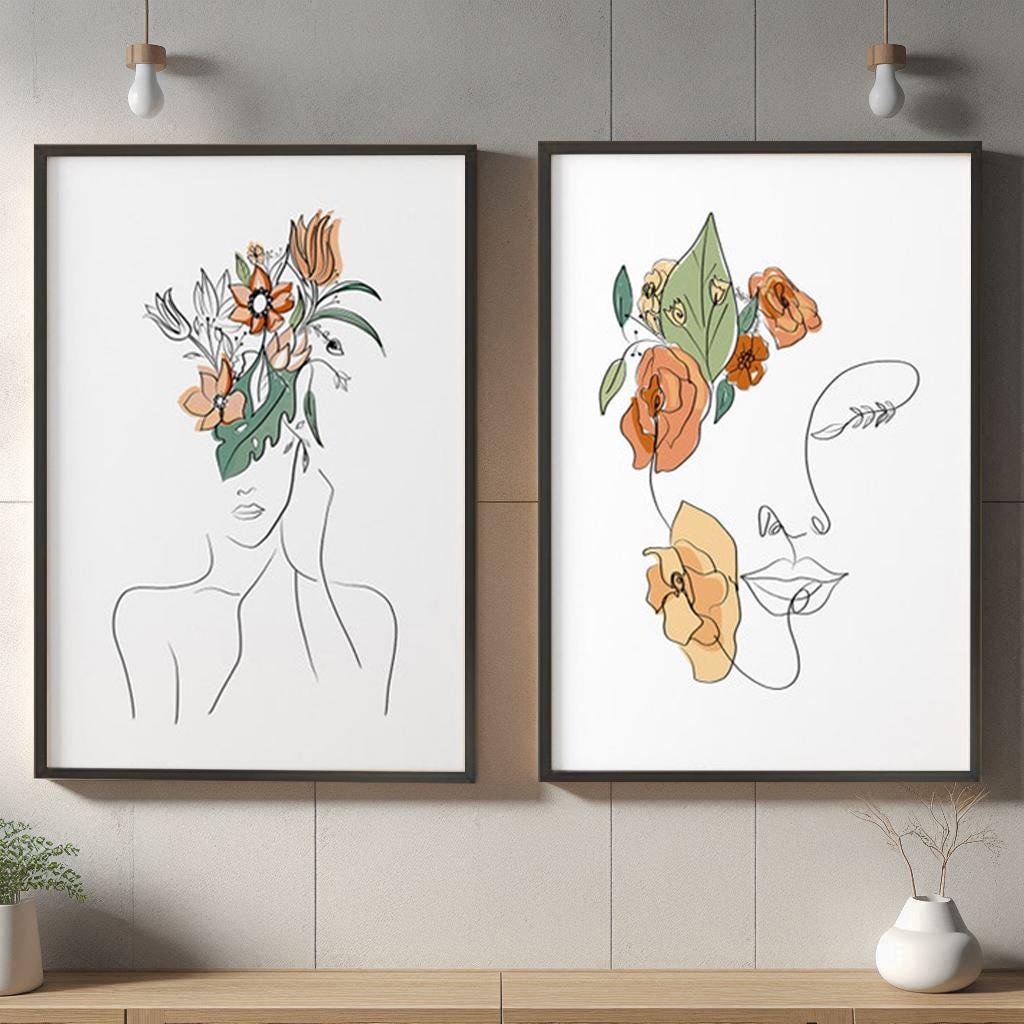 Elegant Line Art Woman With Flowers - Minimalist Wall Art in Wooden ...