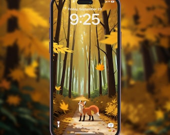 May include: A phone screen displaying a digital clock with the time 9:25 and the date Friday, September 23. The background is a cartoon image of a forest path with a fox standing in the middle of the path. The leaves on the trees are yellow and orange.