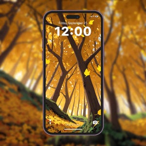 May include: A smartphone displaying a digital clock with the time 12:00 and the date Friday, September 23. The background is a digital illustration of a forest path with yellow leaves on the trees.