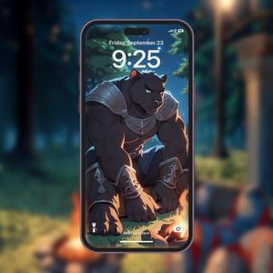 May include: A digital illustration of a black panther wearing armor, sitting by a campfire in a forest. The phone screen displays the time 9:25 and the date Friday, September 23.