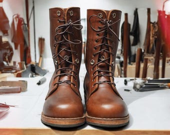 Handmade Men's Brown Genuine Leather Ankle Boots–Waterproof, Non-Slip Shoes, Warm Winter Boots for Hiking, Work, Motorcycle & Casual Wear