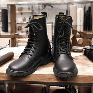 May include: A pair of black leather lace-up boots with a chunky sole. The boots are on a wooden surface.