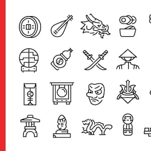 Asian Culture Icons. Set of 20 Asian Culture-themed Trendy Icons